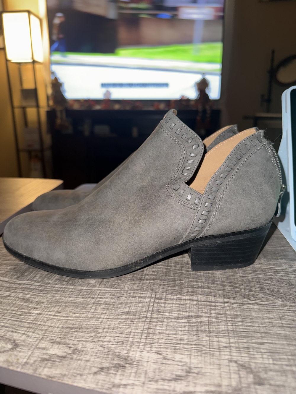 new directions Grey Suede Cutout Low Heel Ankle Booties